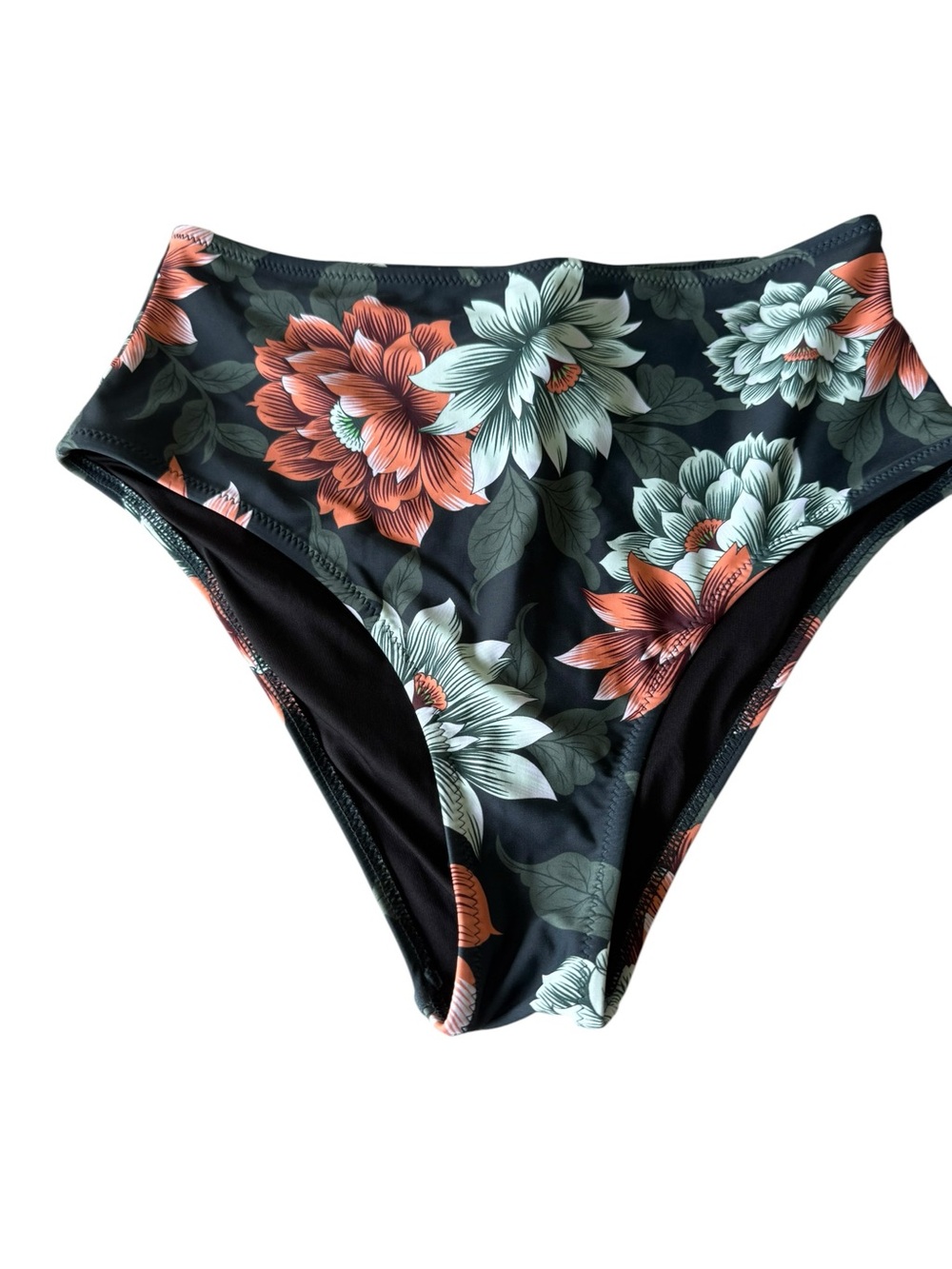 Cupshe Black High-Waist Bikini Bottom with Coral & Mint Floral Print